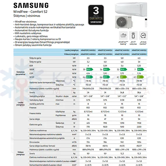 AR60F09C1AWXEU-AR60F09C1AWNEU Samsung WindFree Comfort S2 2.5/3.2 kW oro kondicionierius